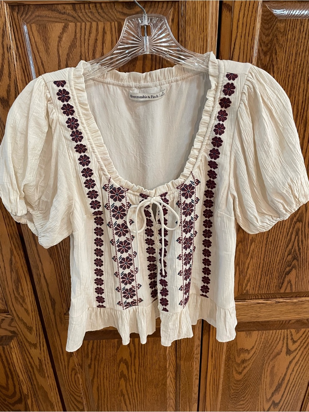 Abercrombie & Fitch Cream Blouse with Burgundy Floral Embroidery